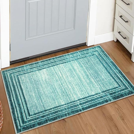 Lahome Modern Abstract Area Rug, Washable Teal 2x3 Entryway Rugs Non Slip Kitchen Carpet Indoor Front Door Throw Rugs, Minimalist Bordered Bathroom Rug Low-Pile Entry Mats for Bedroom