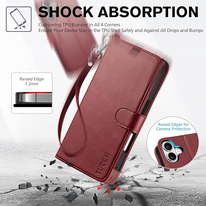 TUCCH Case Wallet for iPhone 17 (6.3-Inch) 2025, Wrist Strap | Stand | RFID Blocking | 4 Card Holders | TPU Shockproof Inner Shell | PU Leather | Magnetic Folio Cover | Dark Red