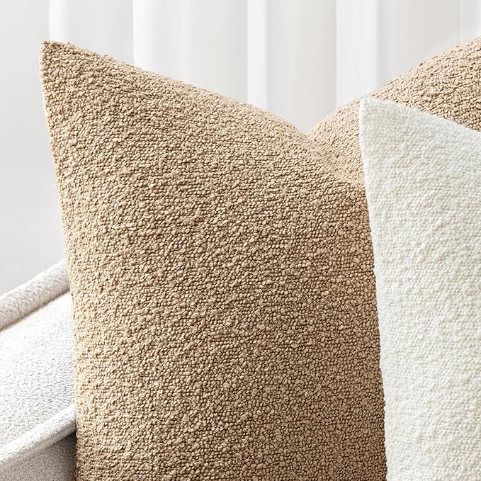 Woaboy Pack of 2 18x18 Inch Decorative Boucle Throw Pillow Covers Textured Square Pillowcaes Accent Solid Cozy Soft Cushion Covers Home Decor for Sofa Couch Living Room Home Decor,Khaki