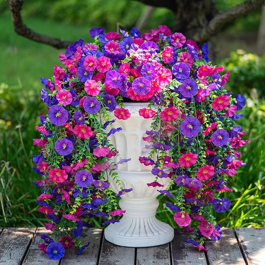 2PCS Artificial Hanging Flowers for Outdoor, Realistic Silk Morning Glory with Eucalyptus Vines, UV Resistant Faux Plants for Patio Balcony Garden Wall Home Decor Window Box Yard(Purplish Red)