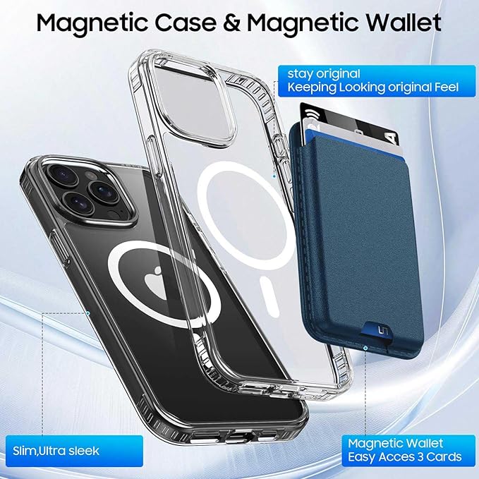 Ntwinro Magnetic for iPhone 13 Pro Max Clear Case (Compatible with MagSafe) with Blue Detachable Wallet & Card Holder for 3 Cards [RFID Blocking] Military Grade Protective Slim Phone Cover
