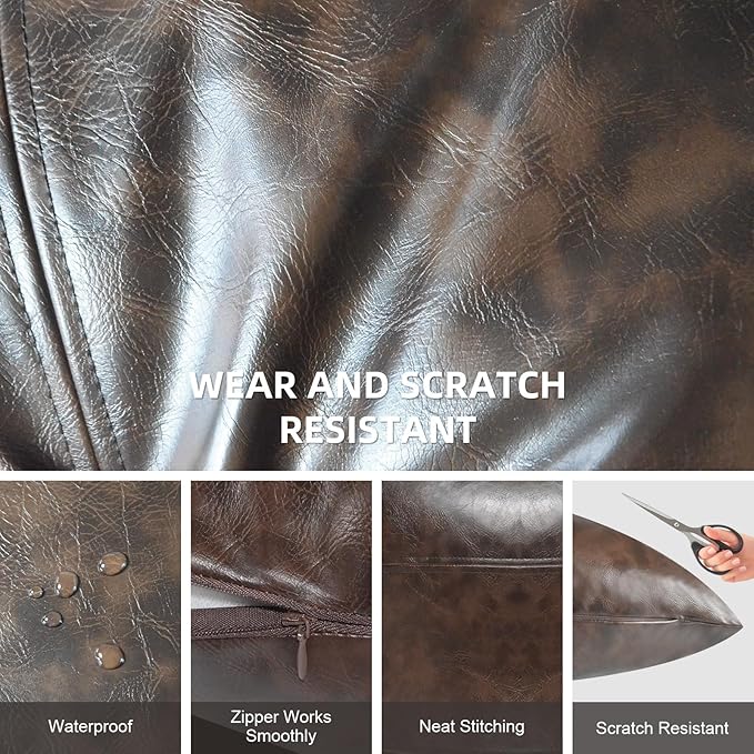 Faux Leather Throw Pillow Covers 12X20 Inch Set of 2 Outdoor Modern Farmhouse Solid Decorative Pillow Covers for Room Couch Living Bedroom Bed Sofa