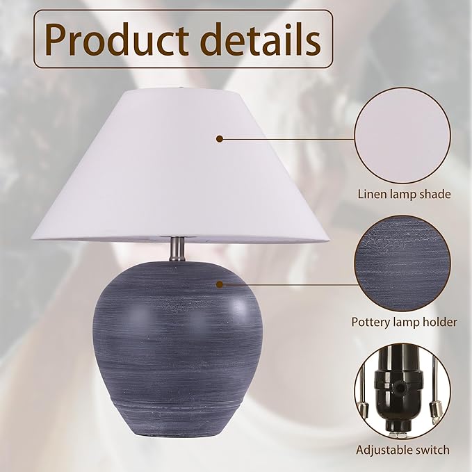 Pia Ricco 21'' Large Gray Base Ceramic Basin Table Lamp for Bedroom, Living Room, Dining Room, Office, White Shade,White Striped Black Base
