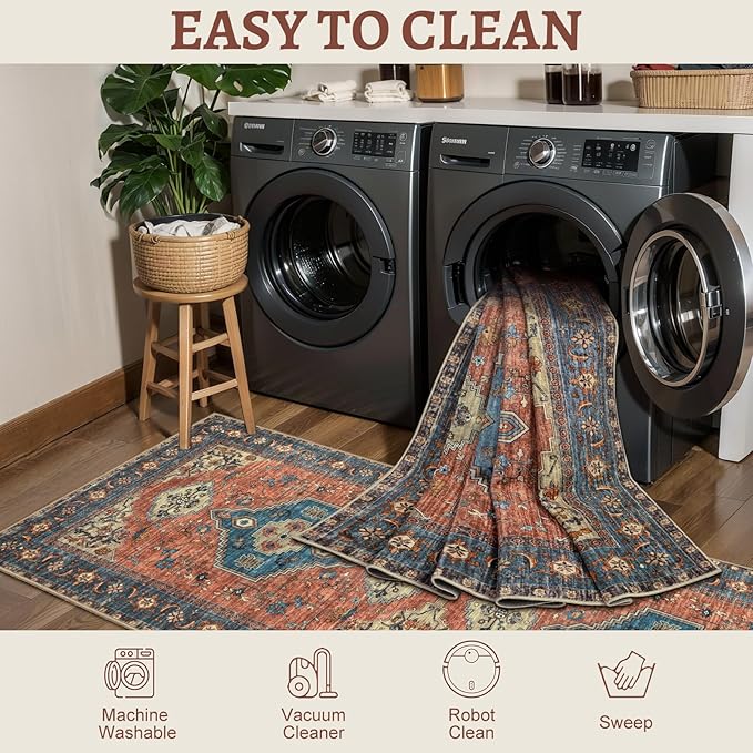 Tangsoo 2.6x10 Washable Runner Rug for Hallways, Non Slip Vintage Runner Rug, Soft Low Pile Long Rug Runner, Print Distressed Carpet Runners for Kitchen Bedroom Entryway Living Room Terracotta