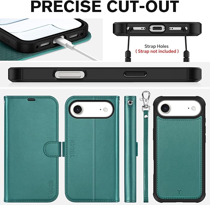 TUCCH 2-in-1 Removable Case Wallet for iPhone Air (6.5") 2025, Detachable Wrist Strap, 4 Card Holders RFID Blocking, Wireless Charging, Stand, Magnetic, PU Leather Shockproof Cover, Bluish Green