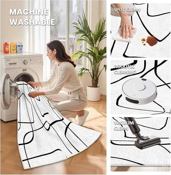 Black and White Rug - 8x10 Area Rugs, Abstract Area Rug, Black and White Rugs for Living Room, Modern Minimalist Washable Carpet, Contemporary Carpet Non Slip Home Decor, Curve