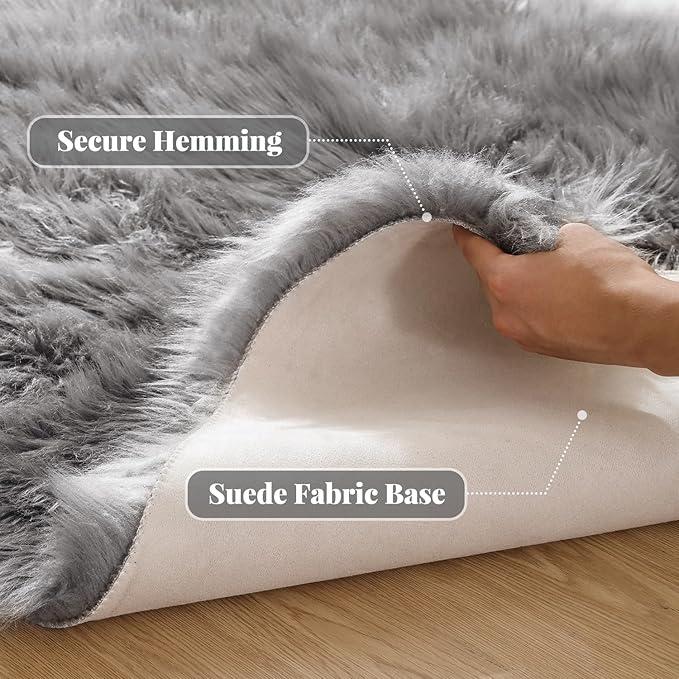 Silver Grey Furry Faux Sheepskin Shag Fur Rugs for Living Room Small Plush Circle Washable Area Rugs for Cute Room Nursery Decor Round Rug 3ft