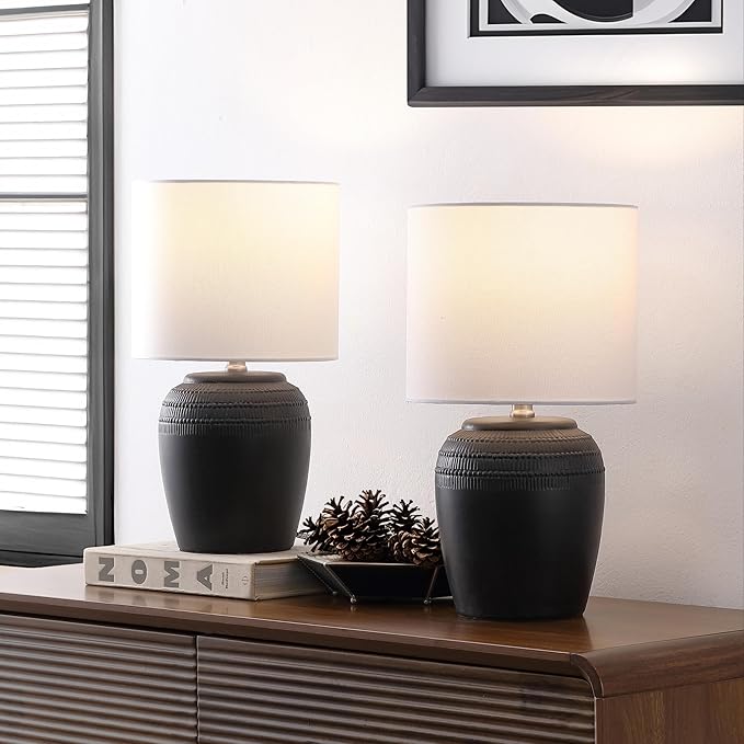 JONATHAN Y JYL5707A-SET2 16.75" Black Rustic Reeded Ceramic Table Lamp Set of 2 for Living Room, Traditional Farmhouse Bedside Nightstand Lamps with White Linen Shade, LED Bulbs Included