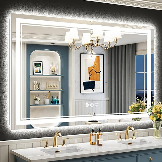 55x40 LED Bathroom Mirror with Lights, Backlit and Front Lit, Anti-Fog Lighted Vanity Mirrors for Bathroom Wall, Dimmable, 3-Color Light, Memory, Shatter-Proof, HD Tempered Glass, CRI＞90