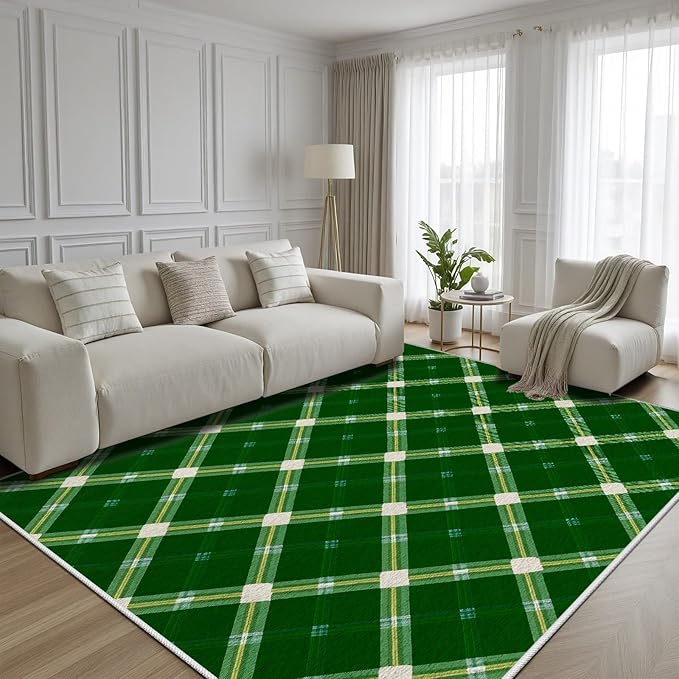 Plaid Rug - 6x9 Rug for Living Room, Geometric Stripes Soft Neutral Indoor Floor Carpet, Non-Slip Stain Resistant Modern Washable Rugs for Bedroom, Green Area Rugs