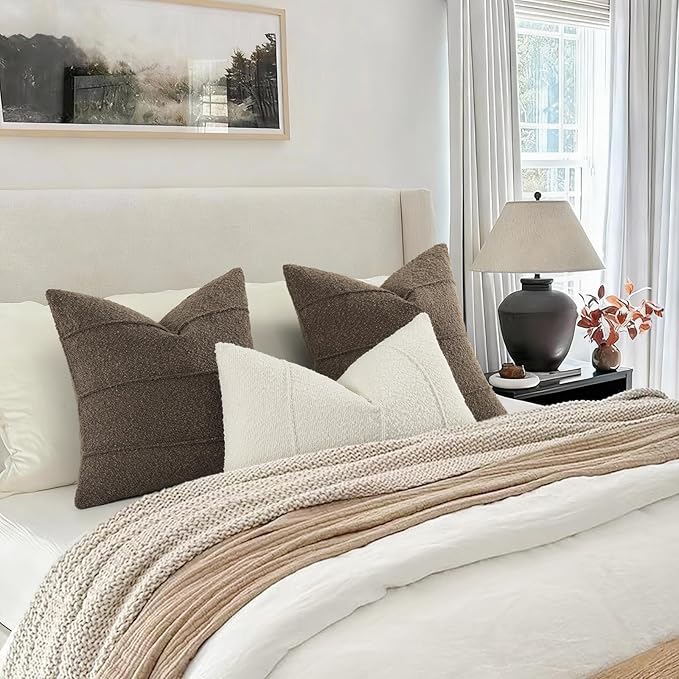 YCOLL Textured Boucle Throw Pillow Covers 24x24 Pack of 2 - Soft Neutral Striped Cushion Covers, Cozy Accent Decorative Pillow Covers for Couch, Sofa, Bed, Living Room (Brown)