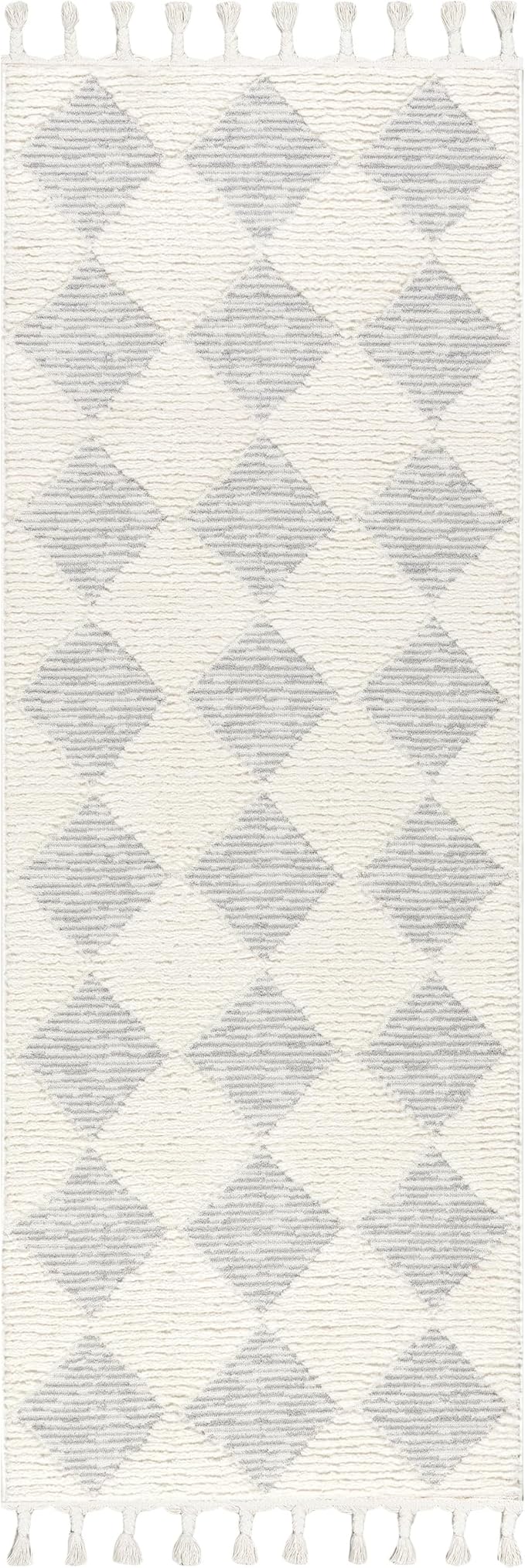 Nuloom Marissa Off-White/Grey, 2'8" x 8', Diamond, Tassel, Soft and Cozy, High Traffic, Stain Resistant, Easy Clean, Durable Runner for Bedroom, Living Room, Dining Space, Den, Foyer, Entryway