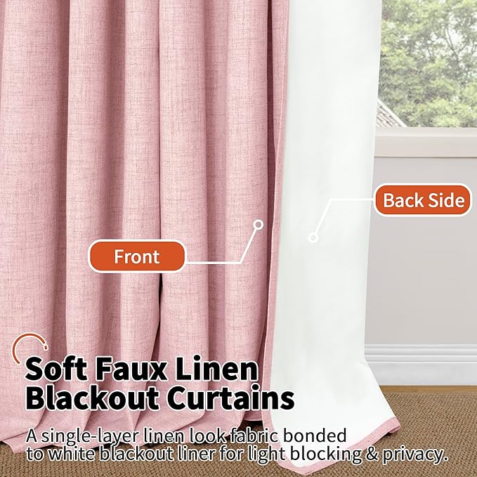 Lajode Baby Pink Linen Blackout Curtains 84 Inch Long for Living Room Narrow Window, 38 Inch Wide Thermal Insulated Light Blocking Small Curtains for Girls Bedroom Kids Nursery, 38x84 Inch 2 Panels