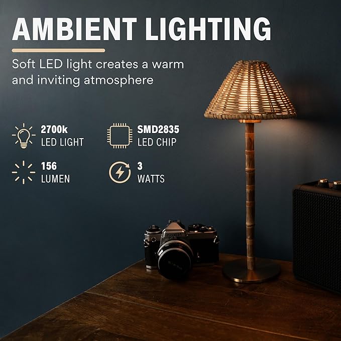 Bamboo Cordless LED Table Lamp – Rechargeable 24-Hour Battery, Dimmable Warm Light, 15" Portable Wireless Lamp with Remote for Indoor/Outdoor Use, Home, Patio, Restaurant – Natural Rattan