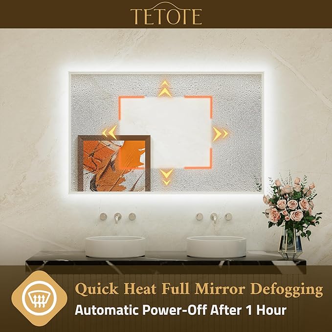 TETOTE 40 x 28 Backlit Mirror Brushed Nickel Metal Frame LED Light Vanity 3-Color White/Warm/Natural Stepless Dimmable Anti-Fog Backlight Mirror Wall-Mounted