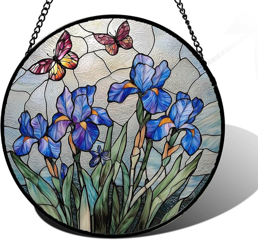 DASTOLL Stained Glass Window Hanging, Blue Iris Flowers Butterfly Suncatcher Diamond Colorful Glass Panel Sun Catchers Decor for Birthday for Women, Men, Wife, Aunt, and Mom 9.8 in