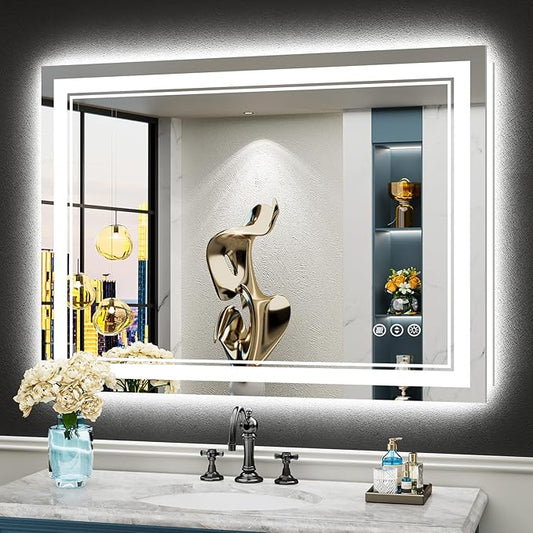 40x30 LED Bathroom Mirror with Lights, Backlit and Front Lit, Anti-Fog Lighted Vanity Mirrors for Bathroom Wall, Dimmable, 3-Color Light, Memory, Shatter-Proof, HD Tempered Glass, CRI＞90