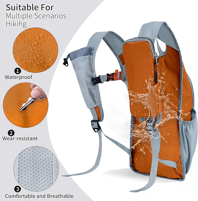 HIGH EXPERIENCE Hiking Backpack 10L/15L Small Daypack Lightweight Packable Travel Foldable Water Resistan for Women Men (Orange, 10L)