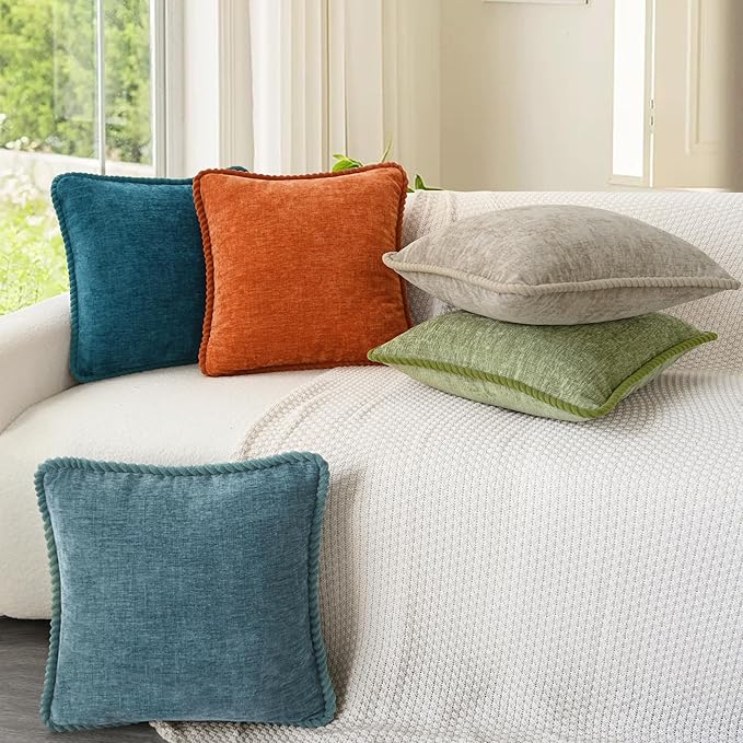 CaliTime Decorative Couch Throw Pillow Covers 18 X 18 Inches Pack of 2 Cozy Chenille Piping Edge Cushion Cases for Sofa Bed Living Room Home Smoke Blue