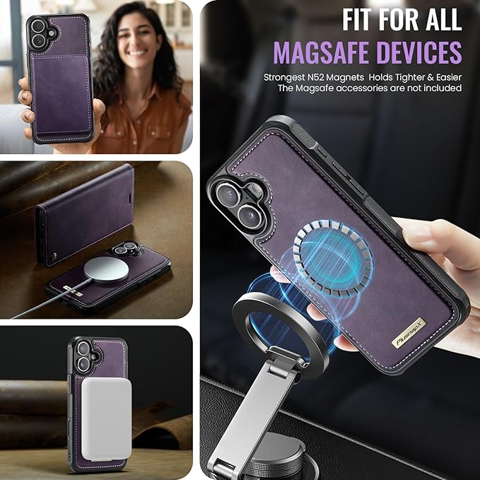 PlusnapX Wallet Case for iPhone 17 Compatible with Magsafe, 2-in-1 PU Leather Flip RFID Blocking Card Holder Stand Shockproof Magnetic Detachable Cover for iPhone 17 Case 6.3", Retro Purple