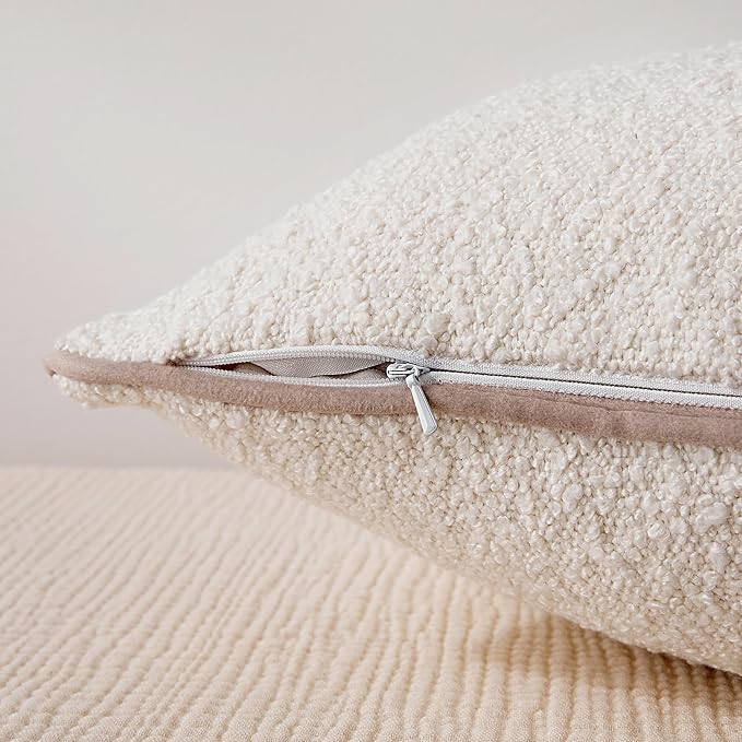 Amazon Basics Boucle Throw Pillow Covers for Couch, Living Room, Home Decor with Hidden Zipper, White, 16×16in, Pack of 2