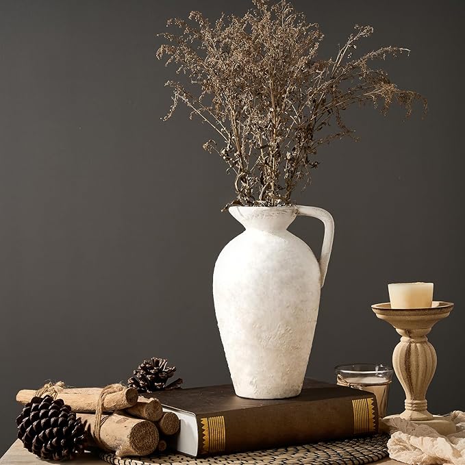LUKA Rustic Farmhouse Terracotta Vase, 9.25 inch with Handle, Neutral Tall Clay Vase for Living Room, Table, Shelf Decor (Off-White)