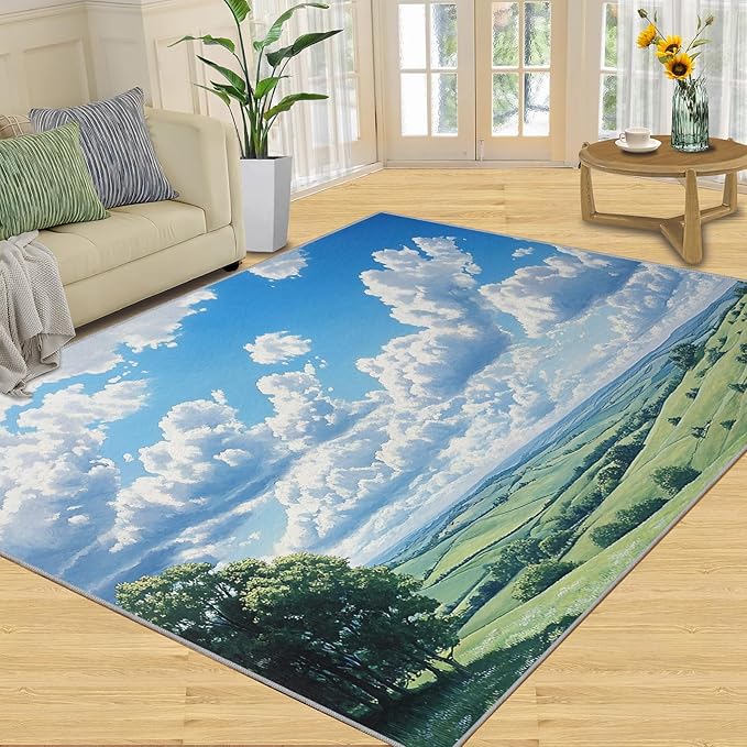 Sky and Clouds 2x3 Area Rugs for Living Room -Grassland and Pasture Washable Rug Rural Landscape Non-Slip Carpet Indoor Floor Stain Resistant Thin Carpets for Bedroom Dining Room Home Office