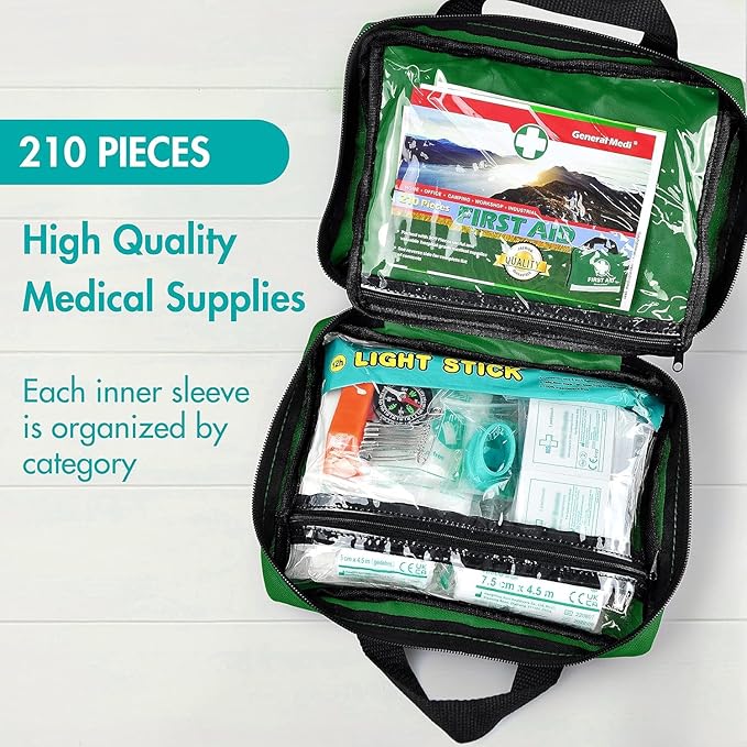 General Medi 210 Piece First Aid Kit- Emergency Kit - Reflective Design - Includes Ice(Cold) Pack, Moleskin Pad and Emergency Blanket for Travel, Home, Office, Car, Workplace & Outdoor