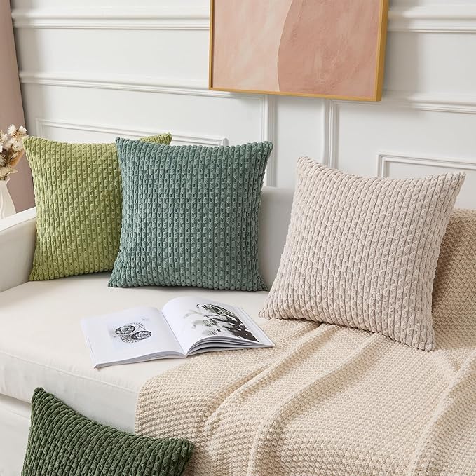 Kevin Textile Decorative Pillow Covers Set of 2 Striped Plush Corduroy Pillows Pillowcases Boho Home Decor Cushion Covers for Couch Sofa Bed Living Room 16x16 Inch, Grass Green