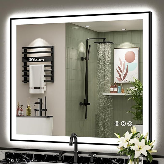 40x38 Black Framed LED Bathroom Mirror with Lights, Backlit & Front Lit, Anti-Fog Lighted Vanity Mirrors for Bathroom Wall, Dimmable, 3 Colors, Memory, Shatter-Proof, Tempered Glass, CRI＞90