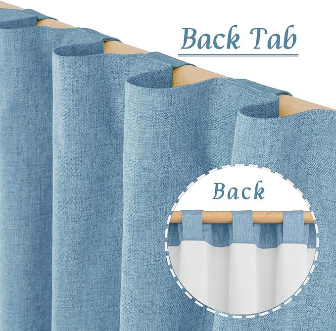 LAMIT Blue 100% Blackout Linen Curtains, 63 Inches Linen Textured Thermal Bedroom Curtains Back Tab and Rod Pocket Neutral Panels with White Liner for Farmhouse, 2 Panels, 38 x 63 Inch