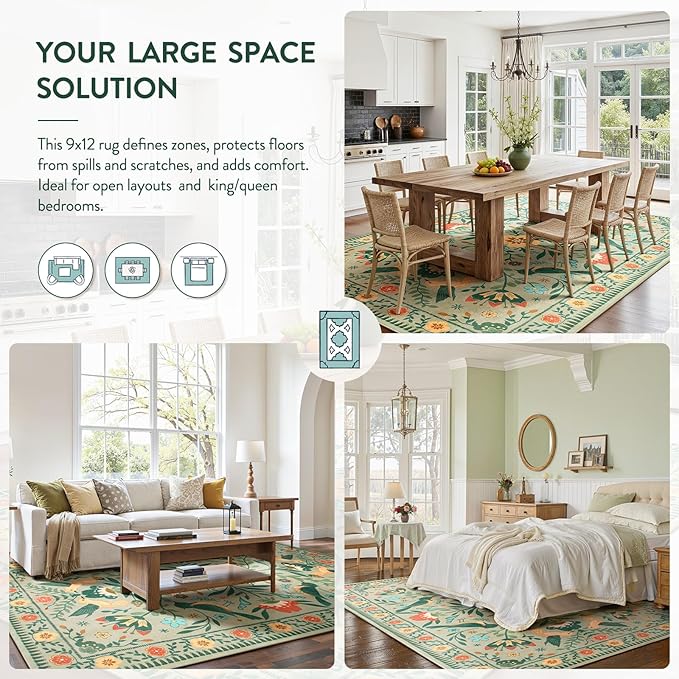 Moynesa Area Rugs 9x12 Green Aesthetic Home Decor, Modern Farmhouse Country Floral Bird Print Pattern Medallion Carpet for Living Room Bedroom Dining Room,Non-Slip Washable Floor Protection