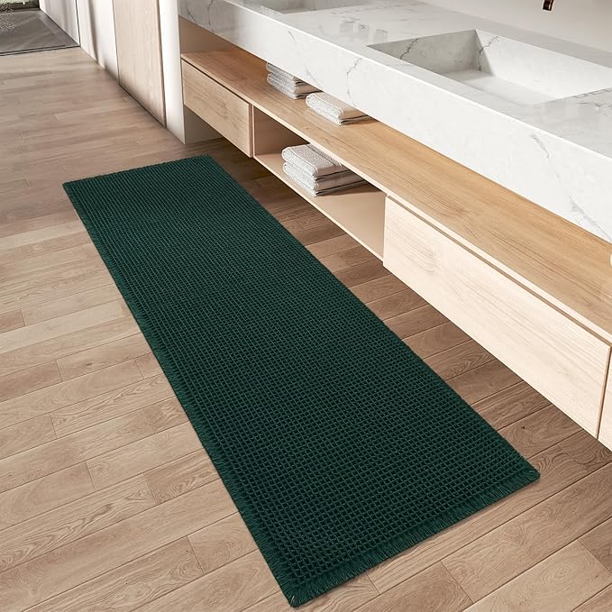 Upgraded Waffle Runner Rug, Super Absorbent Non Slip Bath Mats for Bathroom Floor Machine Washable Bathroom Runner Rug with Tassels Ideal for Hallway Bedroom Laundry Room, Dark Green, 2'x5'(24" x 60")