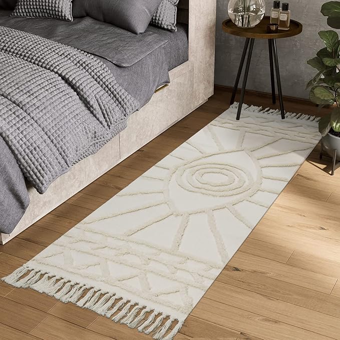 Uphome Boho Runner Rug 2'x6' Beige Evil Eye Tufted Hallway Rug Runner with Tassels Soft Cotton Woven Washable Kitchen Rugs Modern Minimalist Accent Rug for Bedroom Living Room Laundry Porch