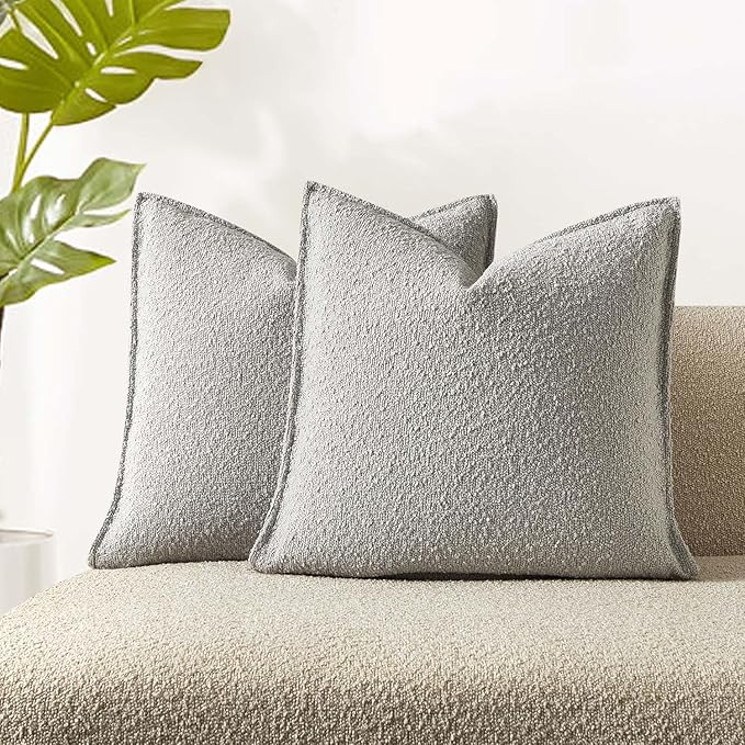 JUSPURBET 24x24 Throw Pillow Covers Set of 2 Decorative Pillow Covers for Couch Sofa Bed Cozy Boucle Textured Cushion Covers Cases with Invisible Zipper for Living Room Home Decor,Silver Grey