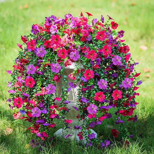2 PCS Artificial Hanging Flowers for Outdoors Decorations, Spring Summer Realistic Silk Daisy with Eucalyptus, UV Resistant Faux Plants for Patio Home Decor Window Box (Rose Red&Light Purple)