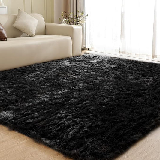 Black Rugs for Living Room 8x10 Area Rugs for Bedroom Shag Washable Faux Sheepskin Fuzzy Fur Rug Large Boho Nursery Rug