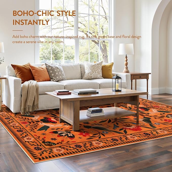Moynesa Washable 8x10 Area Rugs for Living Room Bedroom Dining Room, Bohemian Scandinavian Modern Country Aesthetic Floral Bird Medallion Carpet, Fall Home Decor Open Floor Areas Protection Non-Slip