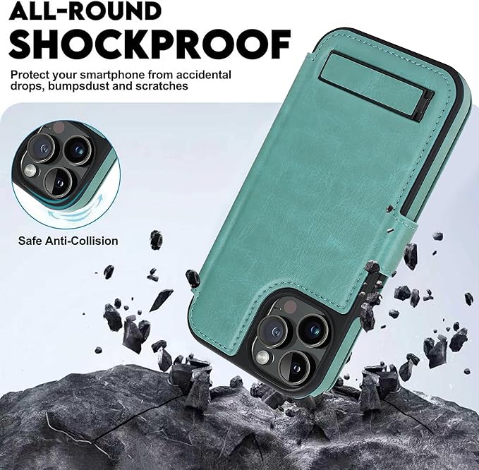CIVICASE for iPhone 14 Pro Max Wallet Case with Stand,PU Leather Flip Credit Card Holder Slots (RFID Blocking),Compatible with Magsafe Magnetic Holder Phone Cover Women Men,Green