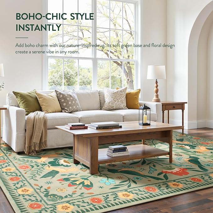 Moynesa Area Rugs 9x12 Green Aesthetic Home Decor, Modern Farmhouse Country Floral Bird Print Pattern Medallion Carpet for Living Room Bedroom Dining Room,Non-Slip Washable Floor Protection