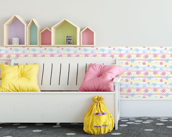 FLFK Wallpaper Border, Rainbow Flowers Peel and Stick Wall Border Self Adhesive Wall Paper Borders for Bedroom Living Room Girl's Room Kitchen Bathroom 9"x240"