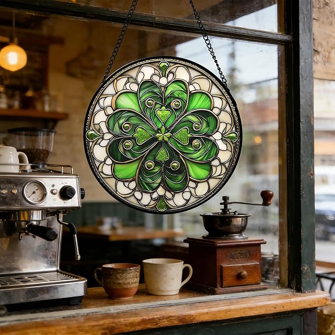 DASTOLL Stained Glass Window Hanging St. Ripak Festival Green Lucky Clover 9.8" - Suncatcher Door Garden Sun Catcher Ireland Decor Mother's Day for Mom Woman Her Men Sisters