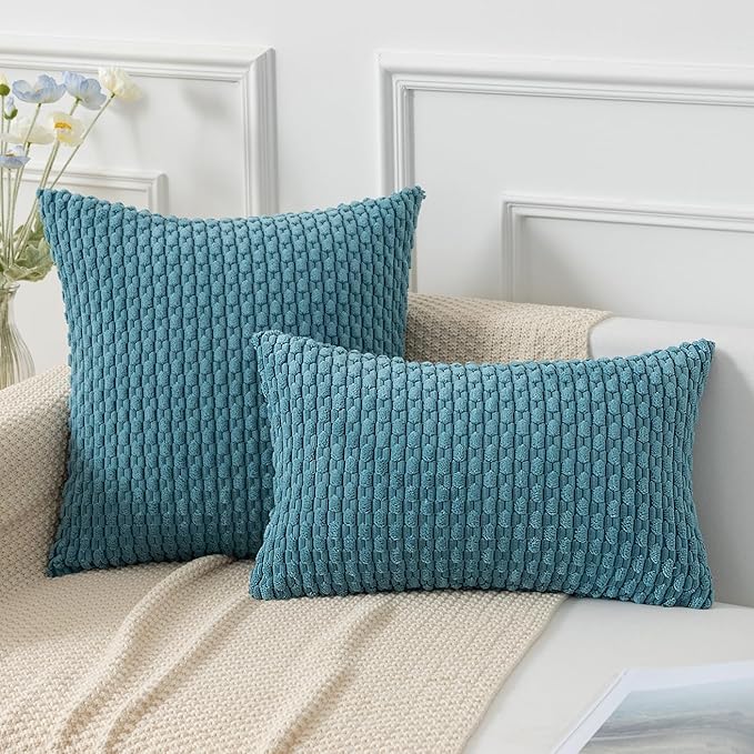 Kevin Textile Throw Pillow Covers Soft Corduroy Decorative Set of 2 Boho Striped Pillow Covers Pillowcases Farmhouse Home Decor for Couch Bed Sofa Living Room 12x20 Inch Light Blue