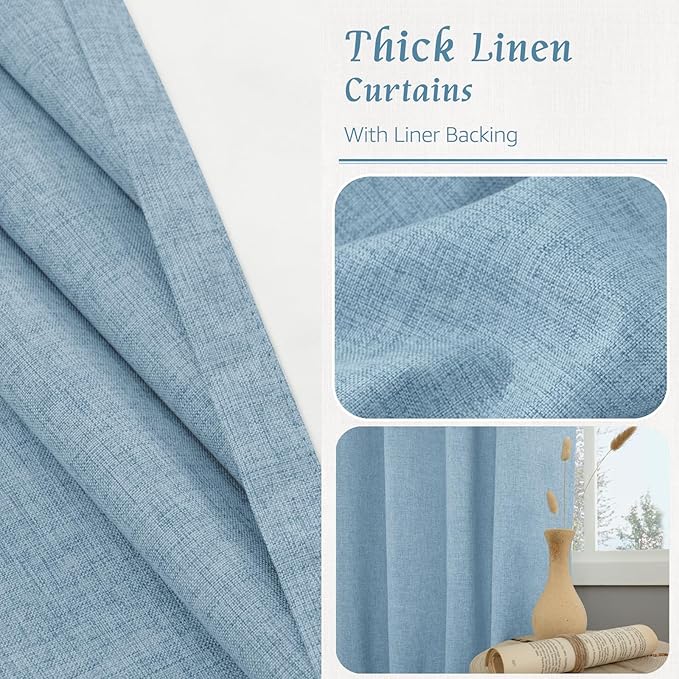 LAMIT 100% Blackout Linen Curtains, 72 Inches Linen Textured Thermal Bedroom Curtains Back Tab and Rod Pocket Neutral Panels with White Liner for Boys' Room, 2 Panels, 52 x 72 Inch, Stone Blue