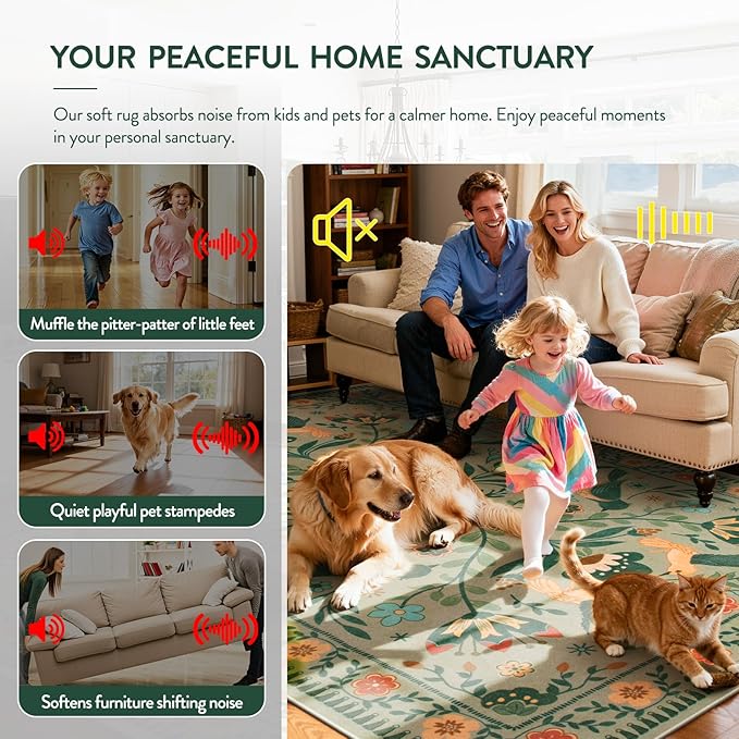 Moynesa Area Rugs 9x12 Green Aesthetic Home Decor, Modern Farmhouse Country Floral Bird Print Pattern Medallion Carpet for Living Room Bedroom Dining Room,Non-Slip Washable Floor Protection