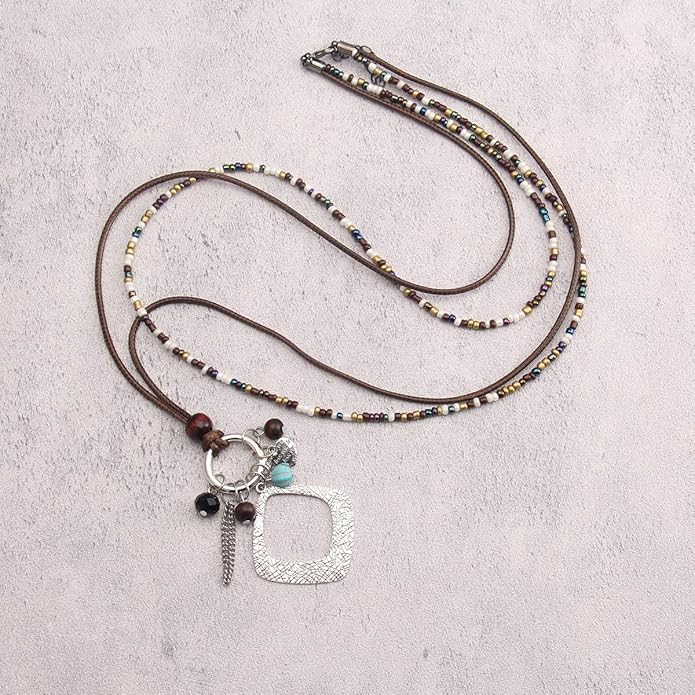 Leather Necklace for Women Boho Choker Necklace Long Cord Leather Pendant Bohemian Neckalce Vintage Alloy Pendant Leather Rope Necklace Wooden Necklaces for Women