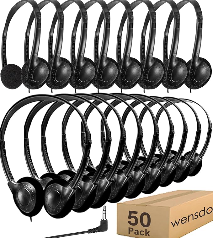 50 Pack Classroom Headphones Bulk for School Kids Students, Wholeslae Wired Durable Earphones Class Set for Children Toddler Teens Boys Girls and Adult (HY857,50 Black)