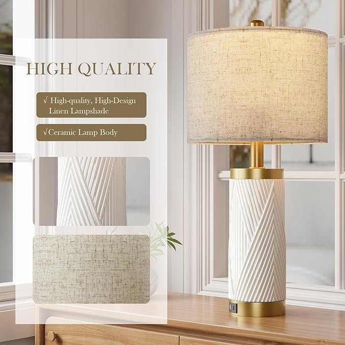 24.5" Modern Ceramic Table Lamp Set of 2 for Living Room, Table Lamps with USB Ports for Bedroom Set of 2， Farmhouse Bedside Nightstand Bedside Lamp End Table Lamps White