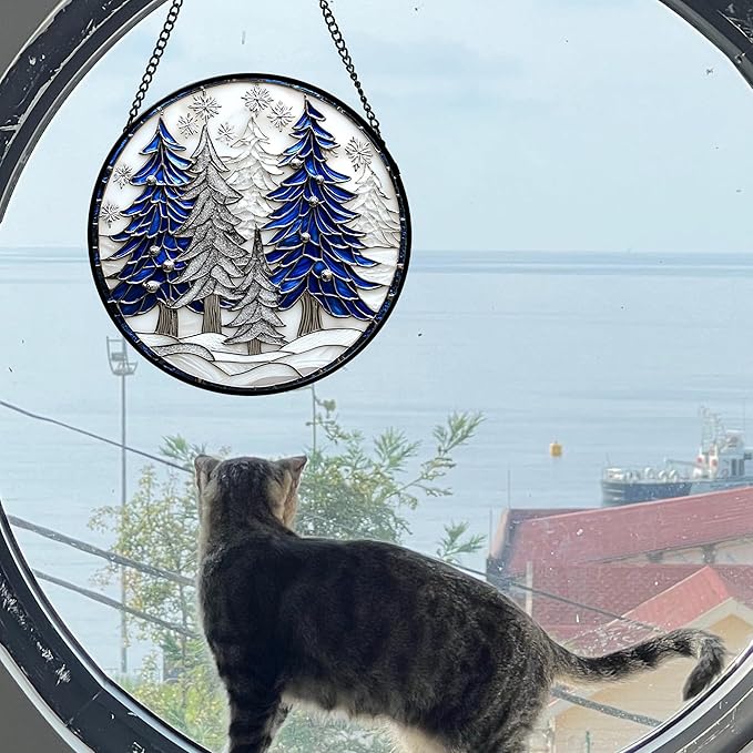 DASTOLL Stained Glass Window Hanging 4 Pcs Set White Winter Christmas Snow Scene Large 11.8" - Suncatcher Door Garden Sun Catcher Decor Birthday for Mom Woman Nana Men Friend Wife