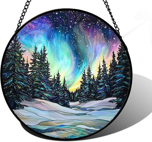 DASTOLL Stained Glass Window Hanging, Aurora Landscape Sun Catchers Glass Panel Green Trees Suncatcher Decor for Birthday for Women, Men, Wife, Aunt, and Mom 7.8 in